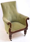 Late Regency period library chair, upholstered in grey-green button back, swept arms and fluted