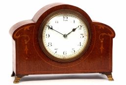 Mid-20th century mahogany and inlaid mantel timepiece, the shaped case with inlaid foliate detail