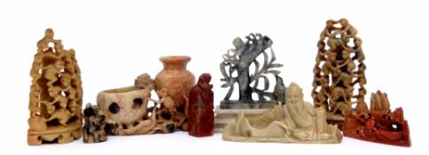 Quantity of soapstone carved objects including monkeys climbing a tree (6)