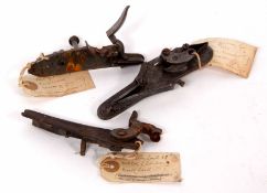 Mixed Lot: percussion lock by Nock, part of flintlock and further part of lock marked 1852, Tower