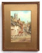 Walter Henry Sweet, signed watercolour, West Country village with hunt party, 28 x 18cms