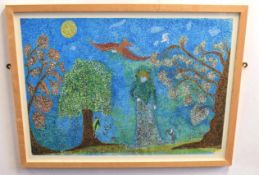 Dinsdale, signed mixed media, Figure and bird in woodland, 42 x 59cms