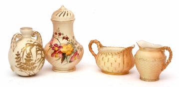 Group of blush Worcester wares including a cream jug with wicker design, a vase with gilded