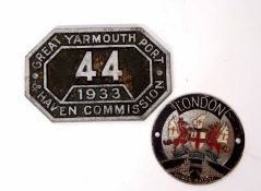 Mixed Lot: Great Yarmouth Port & Haven Commission cast aluminium plaque, 44, 1933, together with a