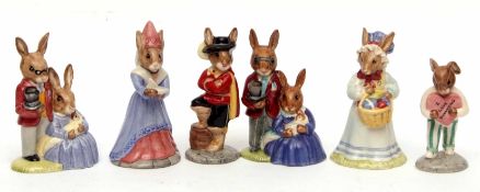 Collection of six Bunnikins figures including Mrs Bunnikins at Easter Parade, Family photograph (6)