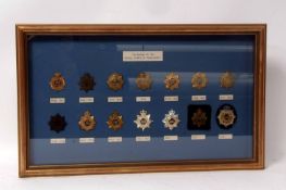 Framed set of "Cap badges of the Royal Corps of Transport" and comprising 14 cap badges dating