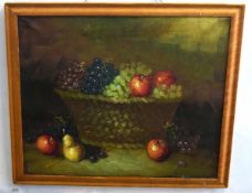 Unsigned oil on canvas, Still Life study of mixed fruit in a basket, 50 x 60cms