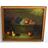 Unsigned oil on canvas, Still Life study of mixed fruit in a basket, 50 x 60cms