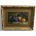 Unsigned oil on board, Still Life study of mixed fruit on a mossy bank, 19 x 29cms