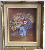 James Allen oil on board, Blue vase of flowers, signed lower left, 19cms x 24cms tall