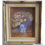 James Allen oil on board, Blue vase of flowers, signed lower left, 19cms x 24cms tall