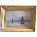 Joe Milne, oil on canvas, signed lower right, Seascape with fishing boats, 30 x 45cms