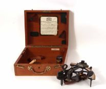 Mid-20th century cased patinated and lacquered brass sextant, Heath & Co, New Eltham, London, SE9,