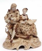 Continental porcelain group of musicians, a male bagpiper and a female songstress, blue factory mark