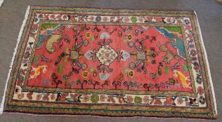 Late 20th century Caucasian small carpet, central panel with animals and geometric foliage, mainly