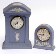 Two Wedgwood Blue Jasperware Mantel Clocks with quartz movements, one produced for Millennium