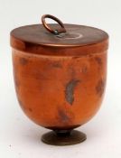 Vintage copper container or mould, with pull off cover and brass foot, 12cms high