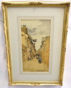 John Muirhead, signed watercolour, "Brittany street scene", 39 x 19cms, Provenance: Aldridge Bros,