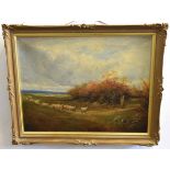 19th century English School, pair of oils on canvas, Sheep in a landscape and horse and cart with