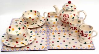 Emma Bridgwater Mr and Mrs teapot together with Emma Bridgwater designed two mugs, jug and two bowls