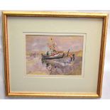 Jack Cox, signed oil on paper, Fishing boat and fisher folk in a North Norfolk Estuary, 20 x 27cms