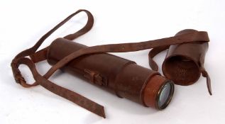 Mid-20th century leather cased and patinated brass three-draw telescope, BC&Co Ltd, Tel SCT REGTS