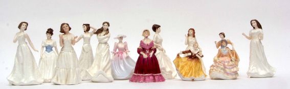 Group of Royal Doulton and Coalport ladies decorated in typical colours and fashions (13)