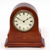 Mid-20th century mahogany and boxwood line inlaid mantel timepiece, the arched case on shaped