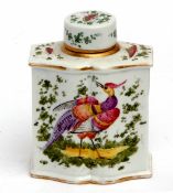 Continental porcelain caddy and cover with Worcester style exotic bird decoration, 12cms high