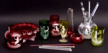 Quantity of glass beakers and vases, some decorated with Mary Gregory type designs, further spill