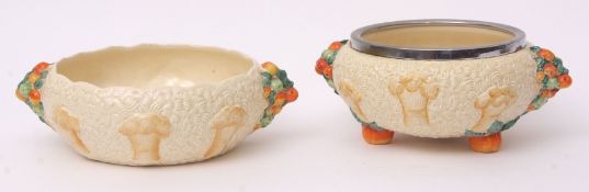 Two Clarice Cliff "My Garden" fruit bowls, one with electroplated rim, largest 26cms