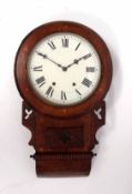 Late 19th century walnut and inlaid drop dial wall clock, the bevelled surround over carved and