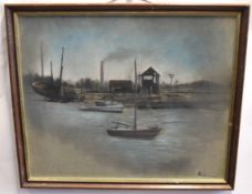 Indistinctly signed pastel, River scene with boatshed, 38 x 45cms