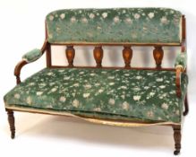 Edwardian rosewood two-seater cottage sofa with decorative inlaid multi-splat back, 127cms wide