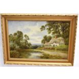 Henry Cooper, oil on canvas, signed lower left, Country landscape with children before thatched