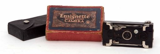 Early 20th century cased folding camera "The Ensignette Daylight Loading Camera" of black and chrome