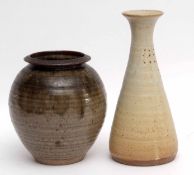 Two Studio pottery vases one with globular body with ridged designs and a further slender vase,