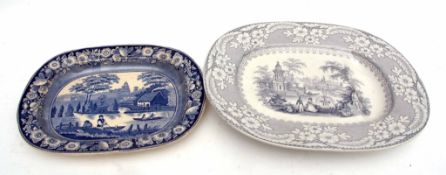 Large mid-19th century Staffordshire platter with European landscape design, together with a blue