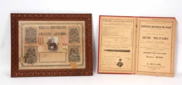 French framed pair of WWI medals with printed certificate "Medailles commemoratives de la Grande