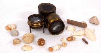 Mixed Lot: two various brass cased lenses, together with a small square box with glazed cover (glass