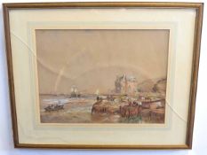 Sam Bough, signed and indistinctly dated watercolour, Coastal scene with castle and figures, 35 x