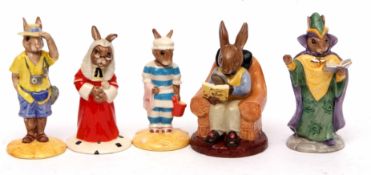 Collection of five Bunnikins figures, Mr Bunnikins with Millennium 2000 back stamp and Tourist