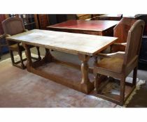 20th century light oak refectory type table with planked top on four turned supports, together