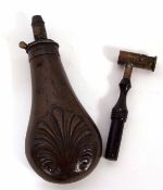 Mixed Lot: brass and copper powder flask, Sykes Patent, with embossed acanthus leaf decoration