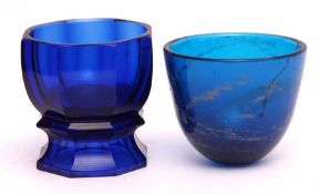 Blue lobed glass with a silvered design on a pedestal foot with a further glass marked Wiener