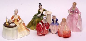 Collection of six Royal Doulton figurines including Hostess of Williamsburg