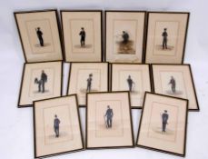 Eleven framed watercolours each depicting infantry and officers in early 19th century uniform,