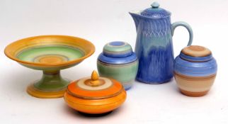 Group of Shelley wares including a box and cover and a tazza with orange design and two ginger