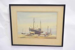 Francis I Naylor, signed pen, ink and watercolour, Beach scene with fishing boats, 23 x 33cms
