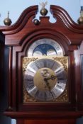 Modern mahogany cased triple weight driven longcase clock with moon phases, the break arch